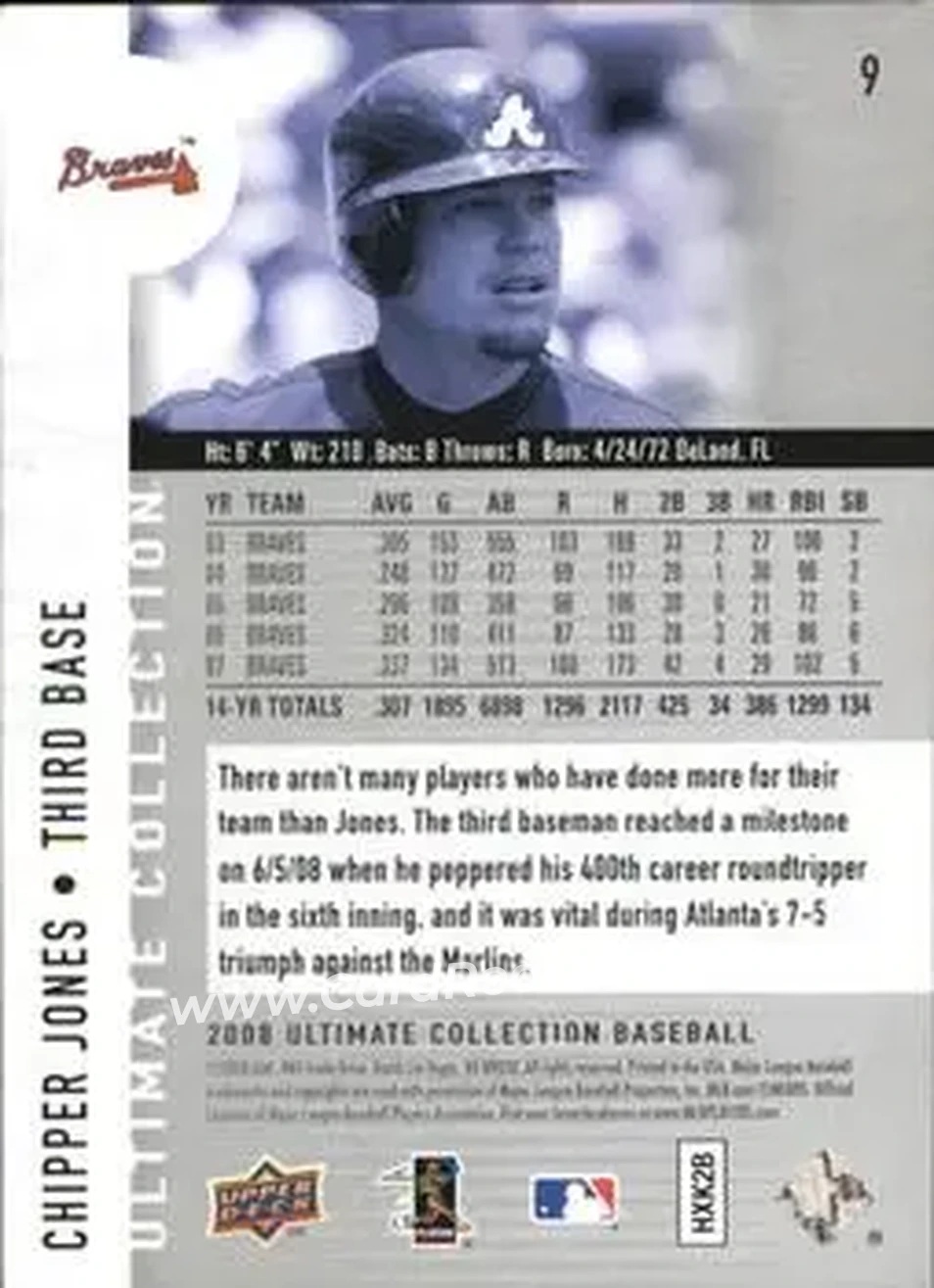 2008 Upper Deck Ultimate Collection #9 - Chipper Jones - Atlanta Braves - Back