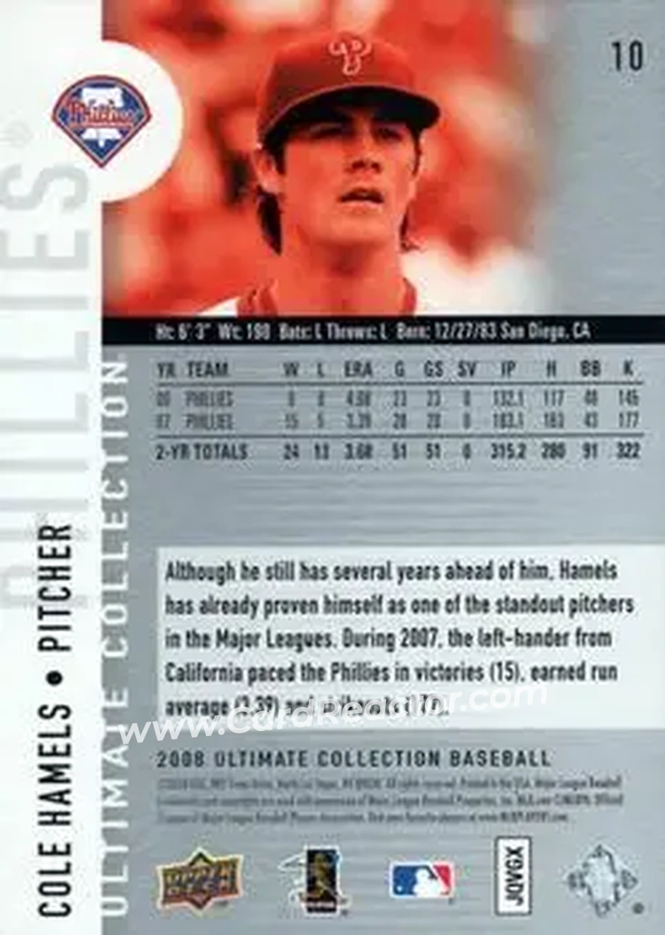 2008 Upper Deck Ultimate Collection #10 - Cole Hamels - Philadelphia Phillies - Back