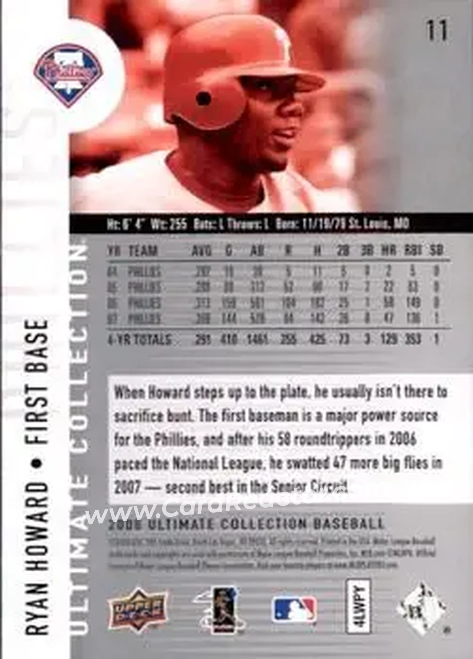 2008 Upper Deck Ultimate Collection #11 - Ryan Howard - Philadelphia Phillies - Back 2008 Upper Deck Ultimate Collection #11 - Ryan Howard - Philadelphia Phillies - Back