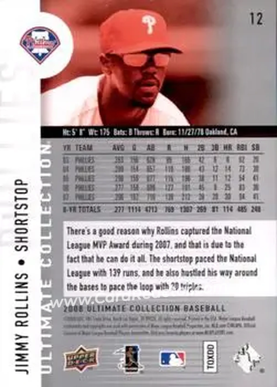 2008 Upper Deck Ultimate Collection #12 - Jimmy Rollins - Philadelphia Phillies - Back