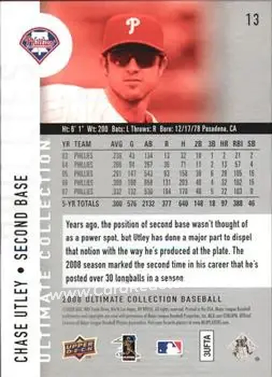 2008 Upper Deck Ultimate Collection #13 - Chase Utley - Philadelphia Phillies - Back 2008 Upper Deck Ultimate Collection #13 - Chase Utley - Philadelphia Phillies - Back