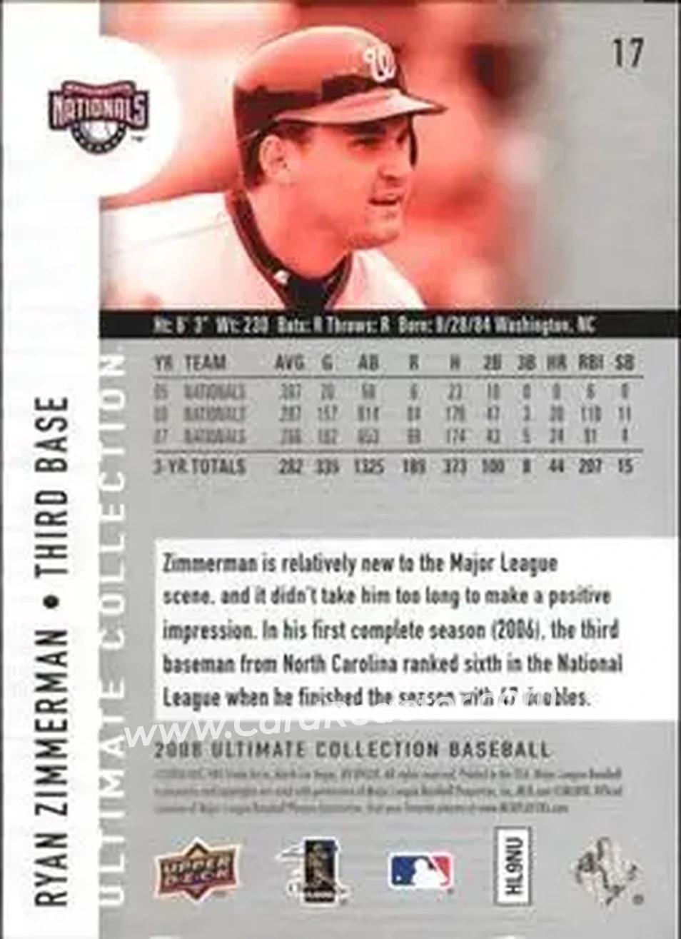 2008 Upper Deck Ultimate Collection #17 - Ryan Zimmerman - Washington Nationals - Back