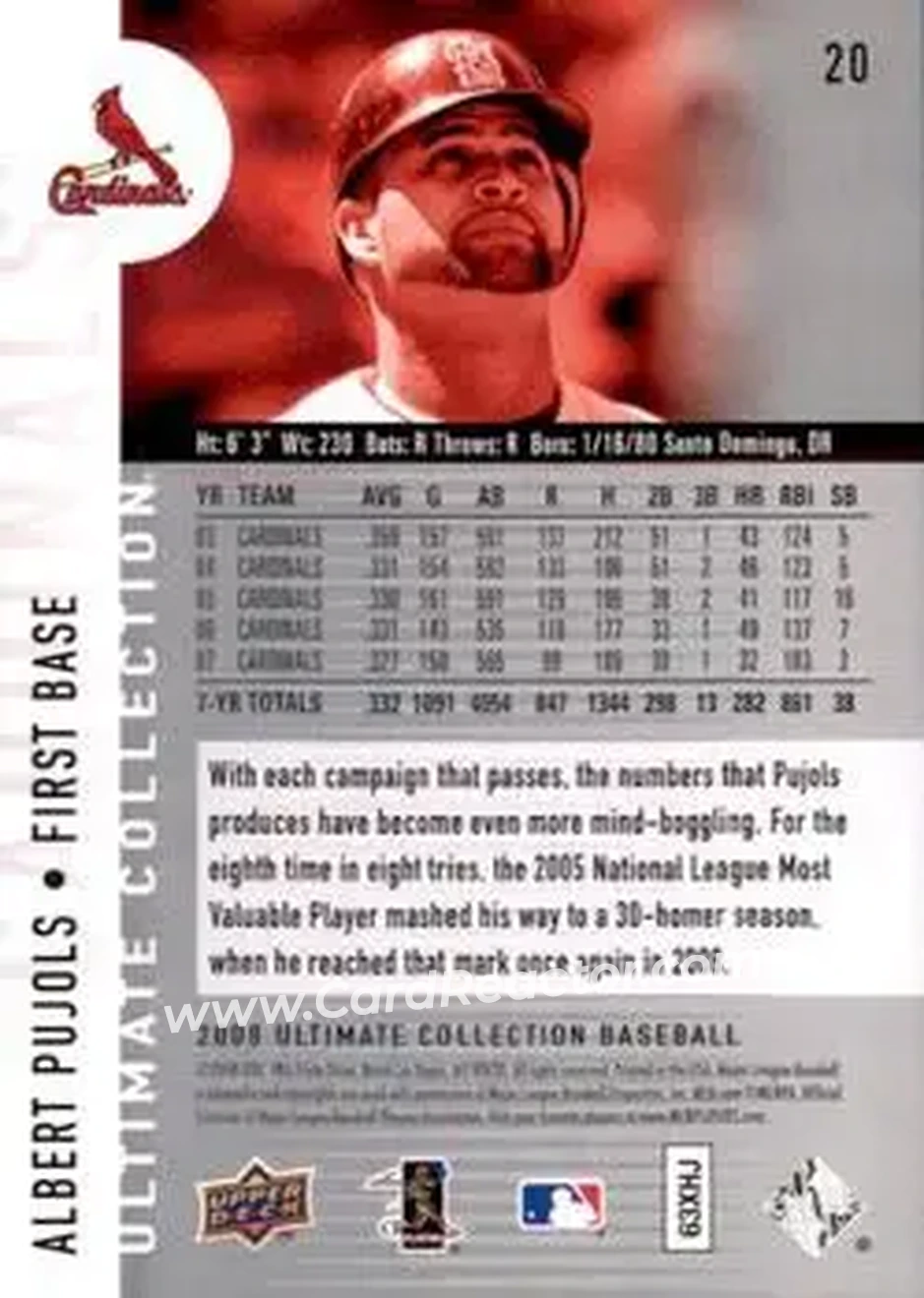 2008 Upper Deck Ultimate Collection #20 - Albert Pujols - St. Louis Cardinals - Back