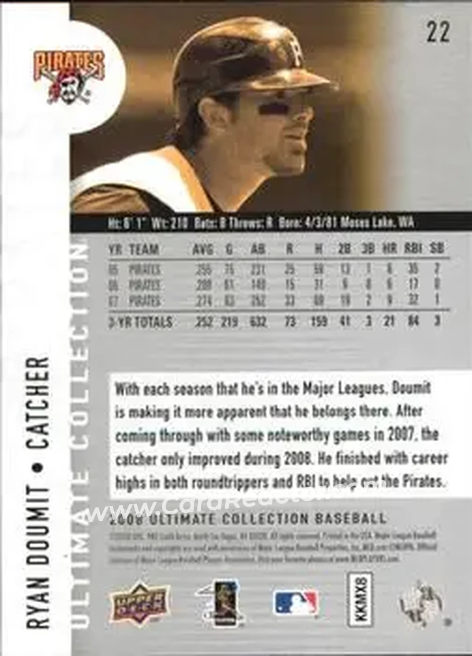 2008 Upper Deck Ultimate Collection #22 - Ryan Doumit - Pittsburgh Pirates - Back