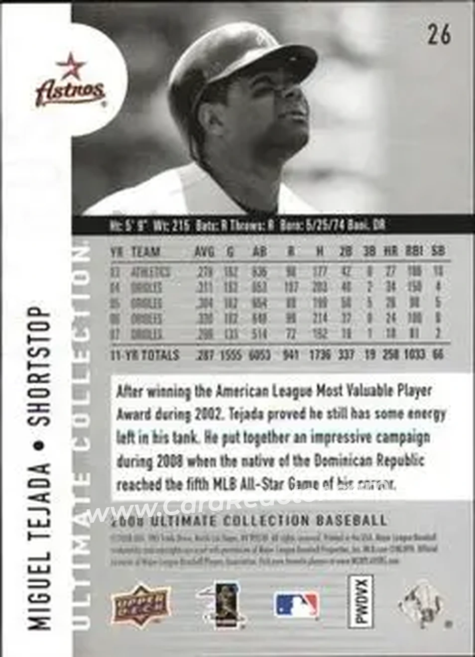 2008 Upper Deck Ultimate Collection #26 - Miguel Tejada - Houston Astros - Back 2008 Upper Deck Ultimate Collection #26 - Miguel Tejada - Houston Astros - Back