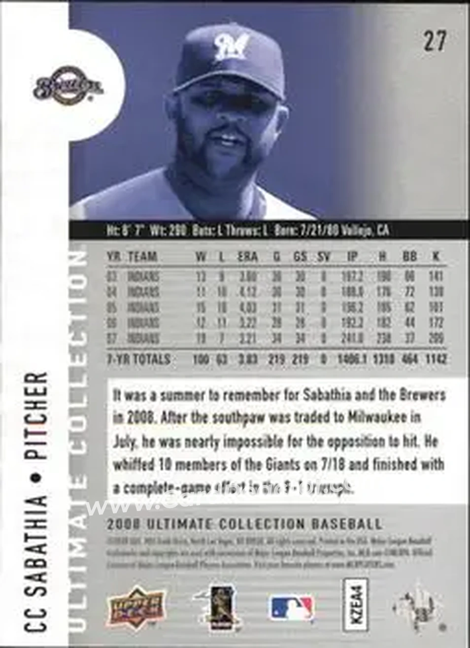 2008 Upper Deck Ultimate Collection #27 - CC Sabathia - Milwaukee Brewers - Back 2008 Upper Deck Ultimate Collection #27 - CC Sabathia - Milwaukee Brewers - Back