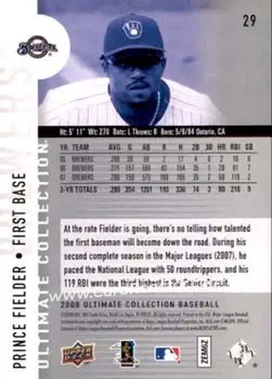 2008 Upper Deck Ultimate Collection #29 - Prince Fielder - Milwaukee Brewers - Back