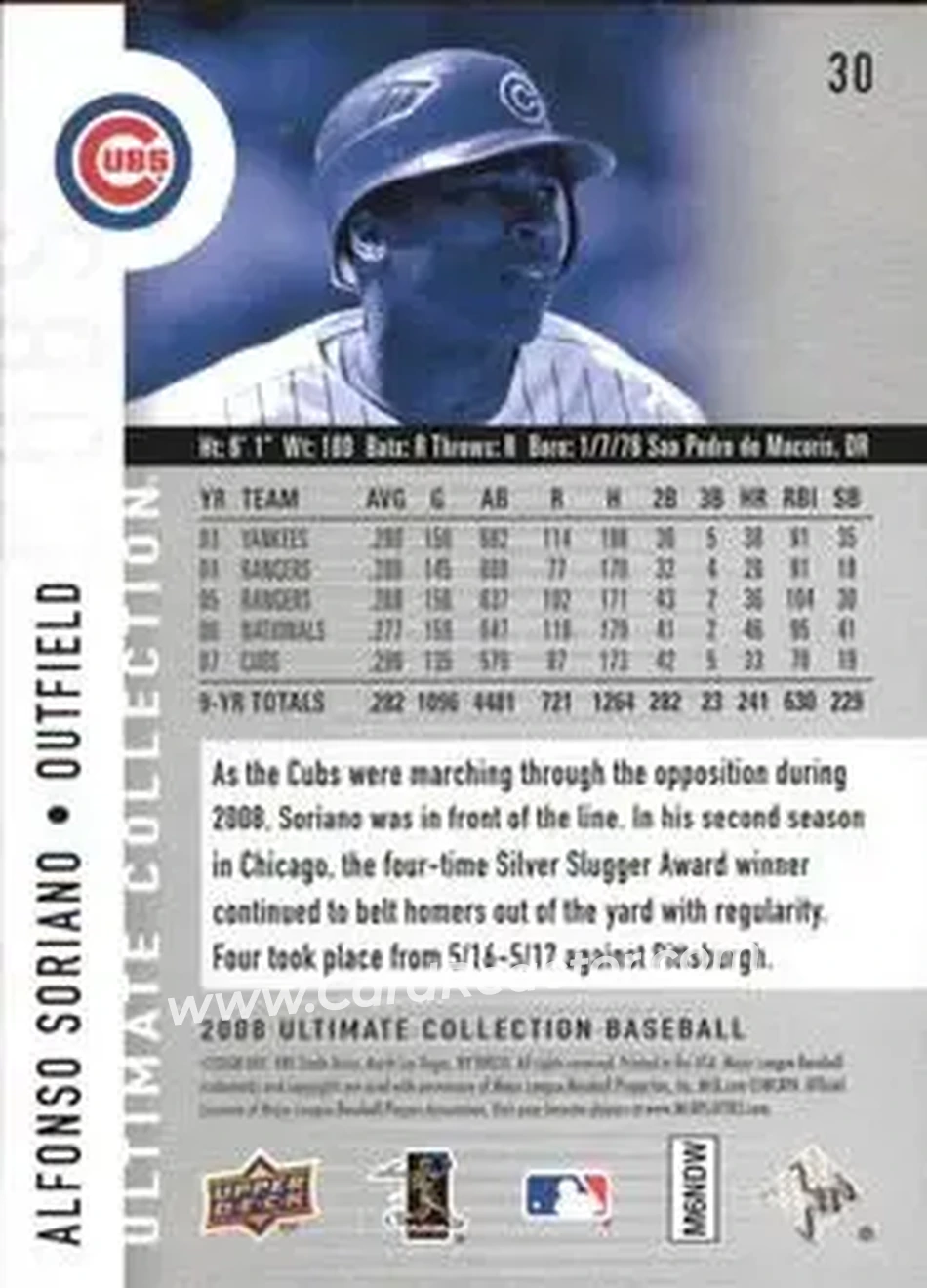 2008 Upper Deck Ultimate Collection #30 - Alfonso Soriano - Chicago Cubs - Back