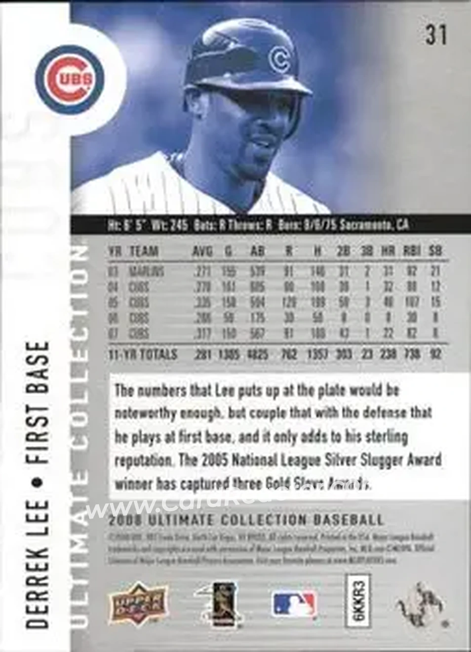 2008 Upper Deck Ultimate Collection #31 - Derrek Lee - Chicago Cubs - Back 2008 Upper Deck Ultimate Collection #31 - Derrek Lee - Chicago Cubs - Back