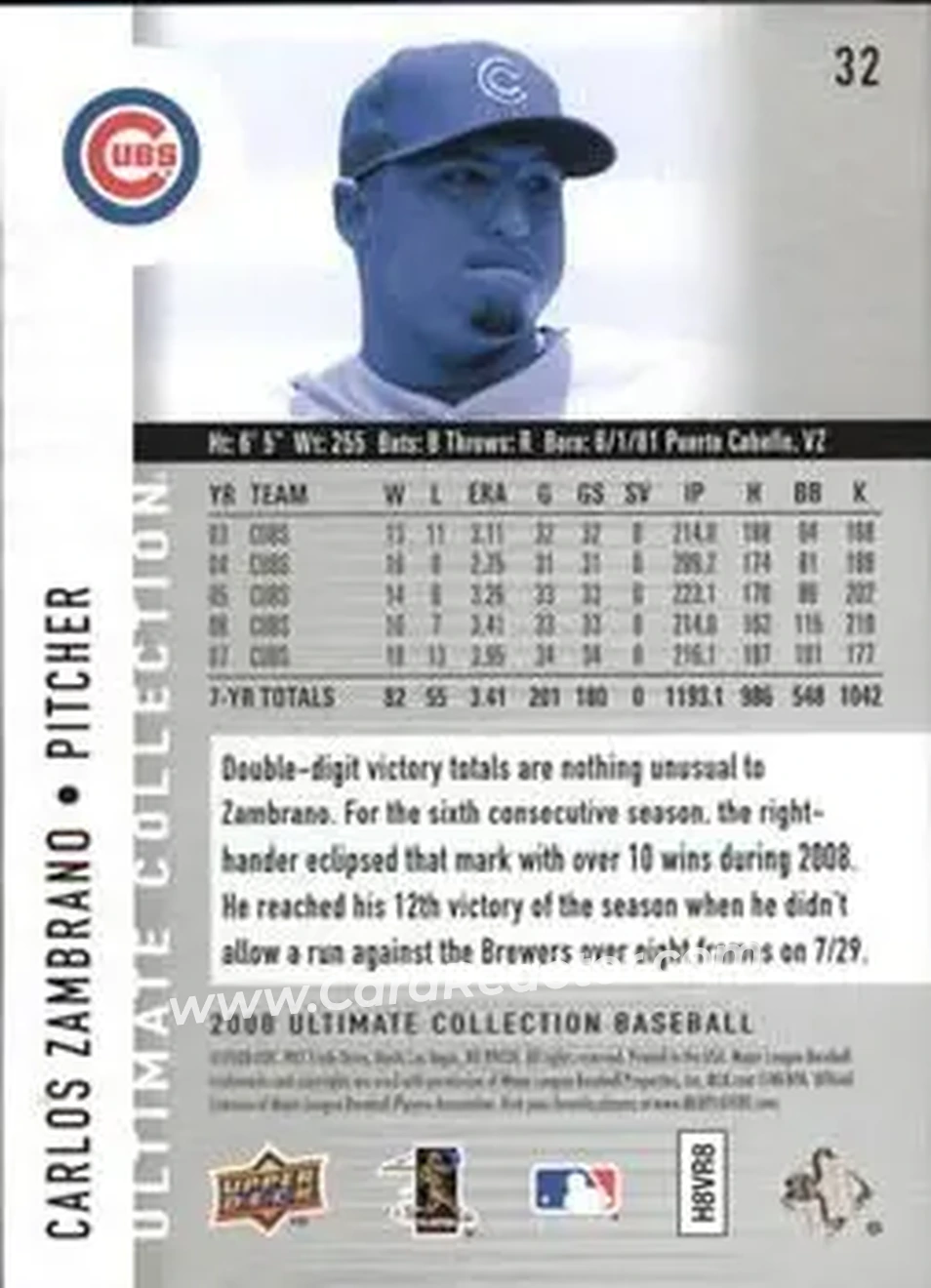 2008 Upper Deck Ultimate Collection #32 - Carlos Zambrano - Chicago Cubs - Back
