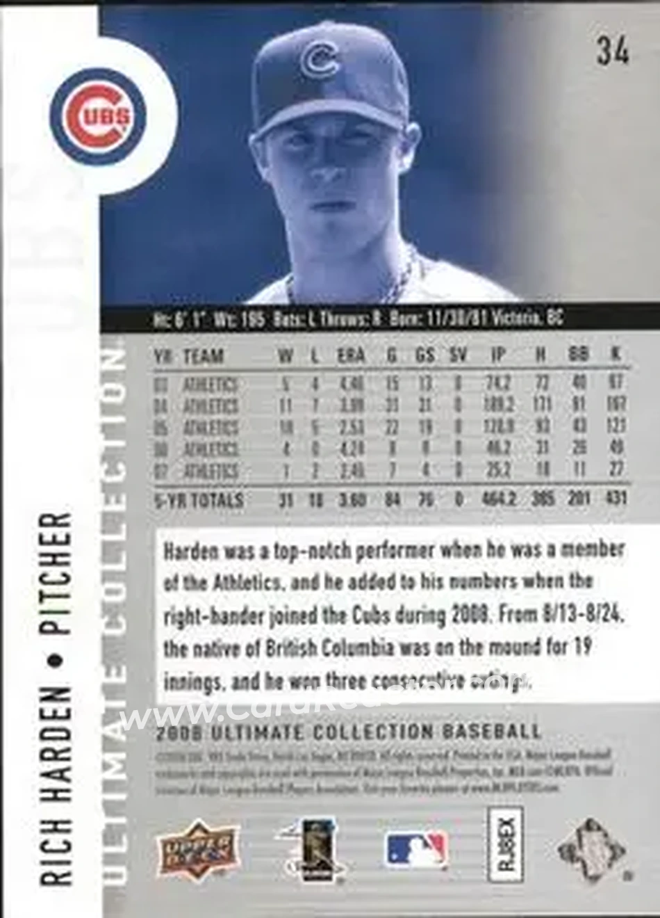 2008 Upper Deck Ultimate Collection #34 - Rich Harden - Chicago Cubs - Back