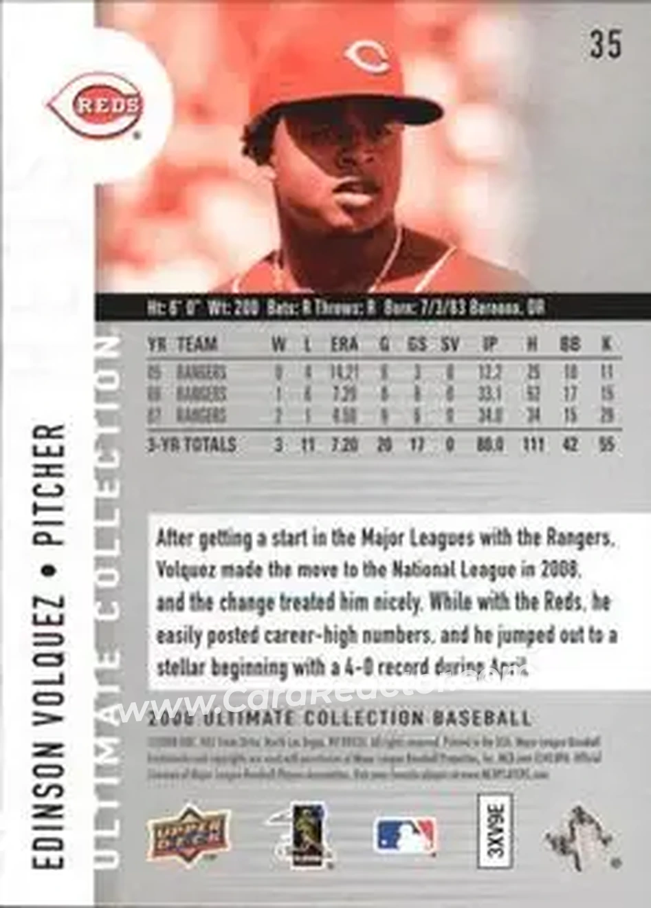 2008 Upper Deck Ultimate Collection #35 - Edinson Volquez - Cincinnati Reds - Back 2008 Upper Deck Ultimate Collection #35 - Edinson Volquez - Cincinnati Reds - Back