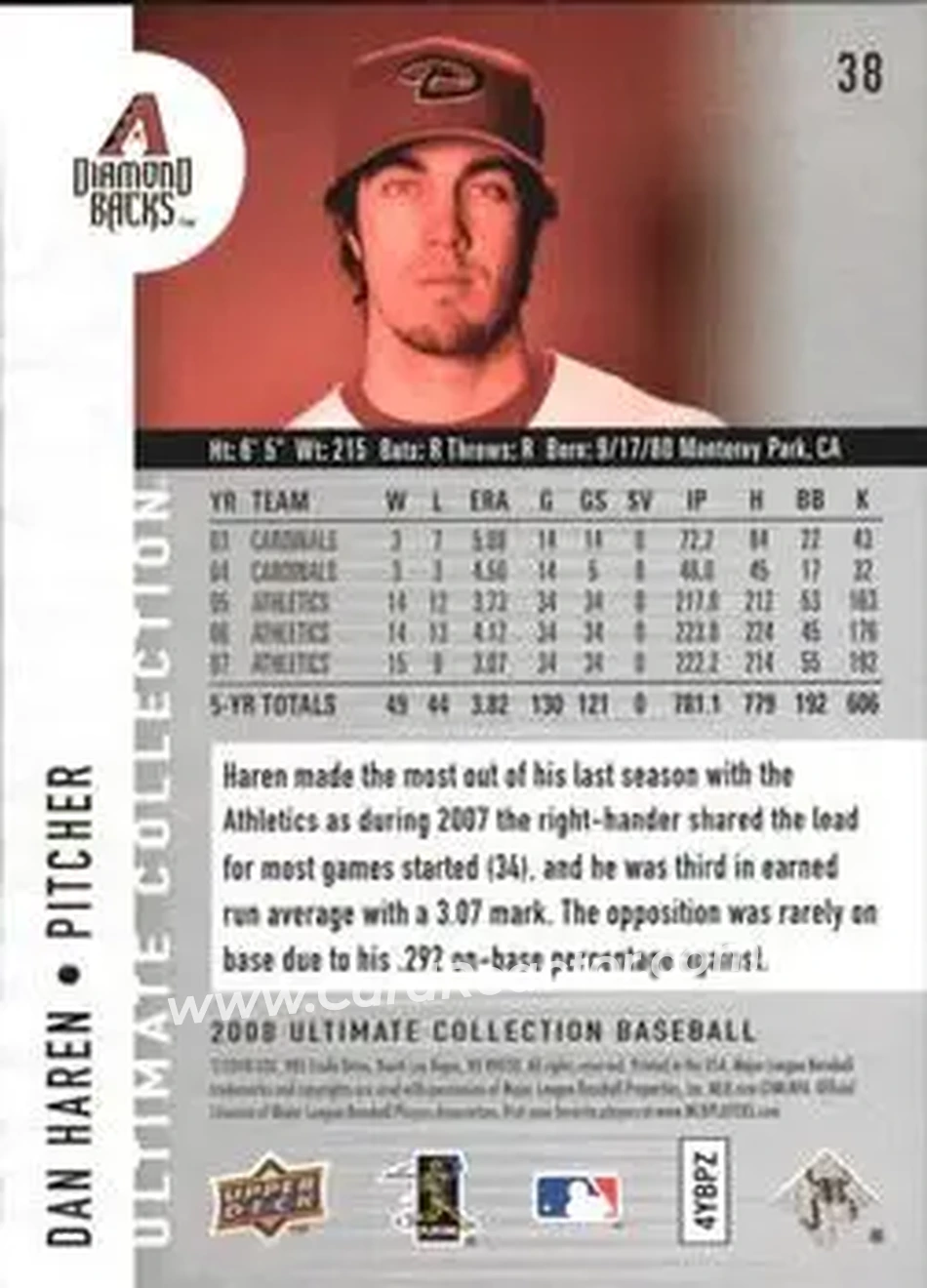 2008 Upper Deck Ultimate Collection #38 - Dan Haren - Arizona Diamondbacks - Back 2008 Upper Deck Ultimate Collection #38 - Dan Haren - Arizona Diamondbacks - Back