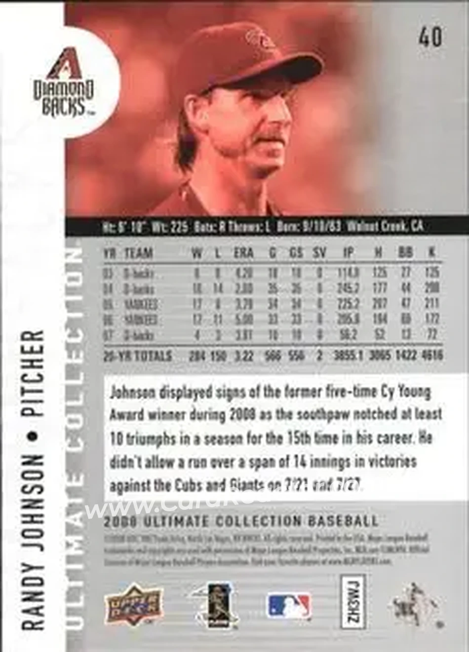 2008 Upper Deck Ultimate Collection #40 - Randy Johnson - Arizona Diamondbacks - Back 2008 Upper Deck Ultimate Collection #40 - Randy Johnson - Arizona Diamondbacks - Back