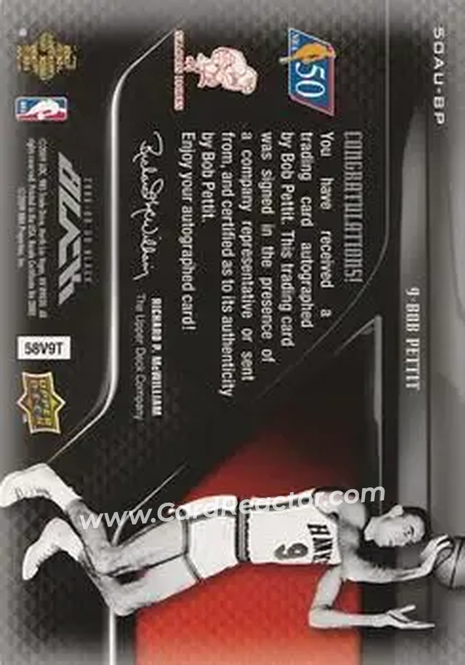 2008-09 UD Black - 50 Greatest Autographs #50AU-BP - Bob Pettit - St. Louis Hawks - Back 2008-09 UD Black - 50 Greatest Autographs #50AU-BP - Bob Pettit - St. Louis Hawks - Back