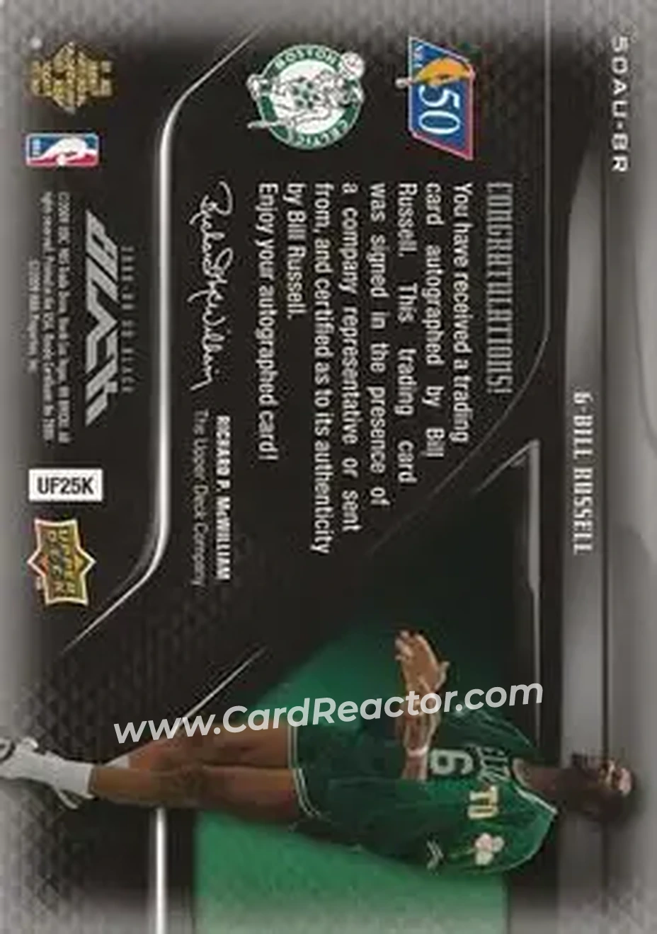 2008-09 UD Black - 50 Greatest Autographs #50AU-BR - Bill Russell - Boston Celtics - Back