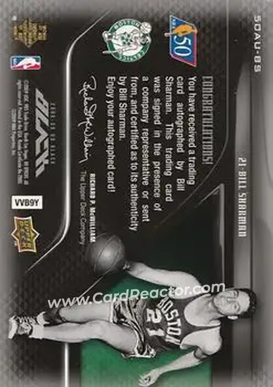 2008-09 UD Black - 50 Greatest Autographs #50AU-BS - Bill Sharman - Boston Celtics - Back 2008-09 UD Black - 50 Greatest Autographs #50AU-BS - Bill Sharman - Boston Celtics - Back