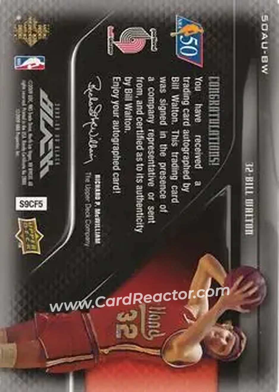 2008-09 UD Black - 50 Greatest Autographs #50AU-BW - Bill Walton - Portland Trail Blazers - Back 2008-09 UD Black - 50 Greatest Autographs #50AU-BW - Bill Walton - Portland Trail Blazers - Back