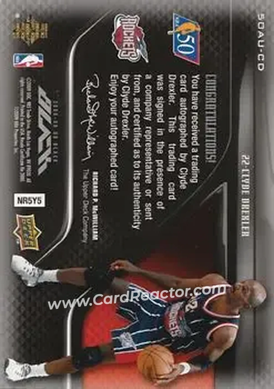 2008-09 UD Black - 50 Greatest Autographs #50AU-CD - Clyde Drexler - Houston Rockets - Back
