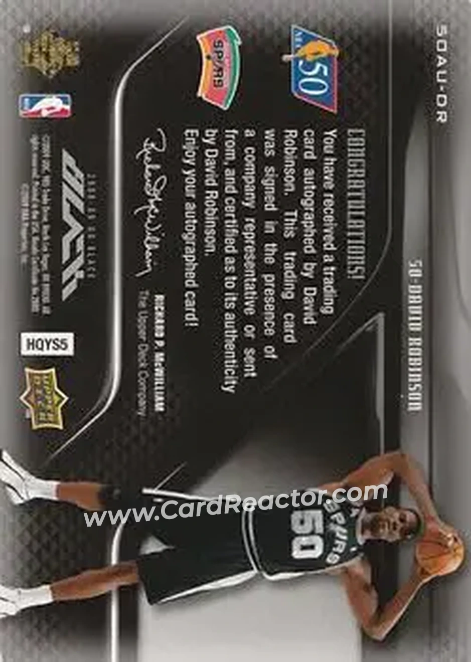 2008-09 UD Black - 50 Greatest Autographs #50AU-DR - David Robinson - San Antonio Spurs - Back 2008-09 UD Black - 50 Greatest Autographs #50AU-DR - David Robinson - San Antonio Spurs - Back