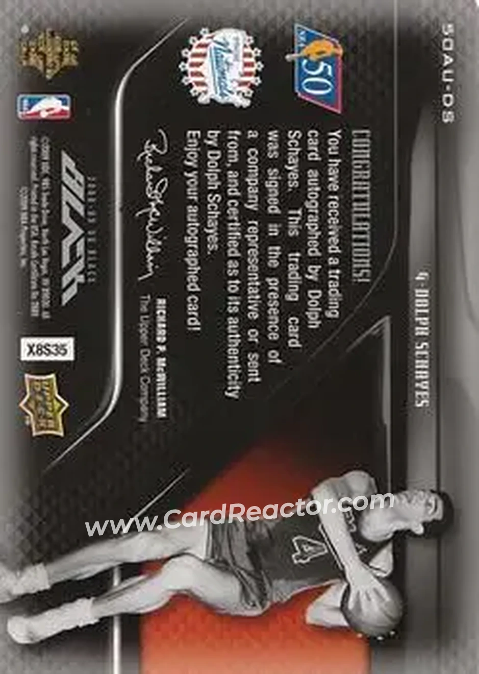 2008-09 UD Black - 50 Greatest Autographs #50AU-DS - Dolph Schayes - Syracuse Nationals - Back 2008-09 UD Black - 50 Greatest Autographs #50AU-DS - Dolph Schayes - Syracuse Nationals - Back
