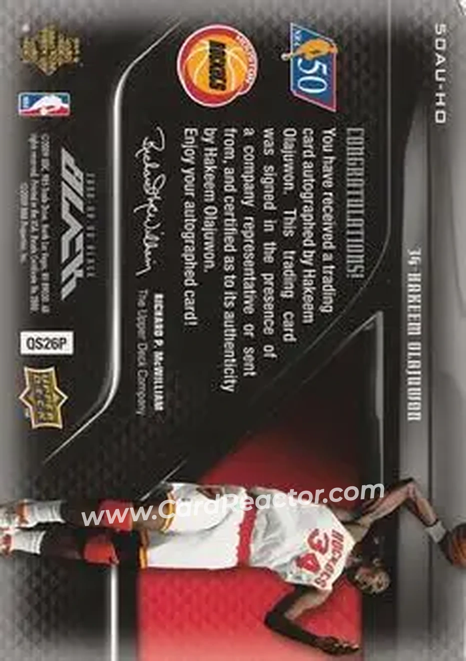 2008-09 UD Black - 50 Greatest Autographs #50AU-HO - Hakeem Olajuwon - Houston Rockets - Back 2008-09 UD Black - 50 Greatest Autographs #50AU-HO - Hakeem Olajuwon - Houston Rockets - Back
