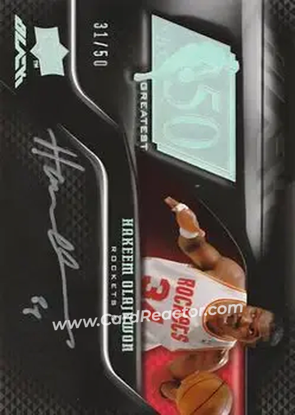 2008-09 UD Black - 50 Greatest Autographs #50AU-HO - Hakeem Olajuwon - Houston Rockets - Front 2008-09 UD Black - 50 Greatest Autographs #50AU-HO - Hakeem Olajuwon - Houston Rockets - Front