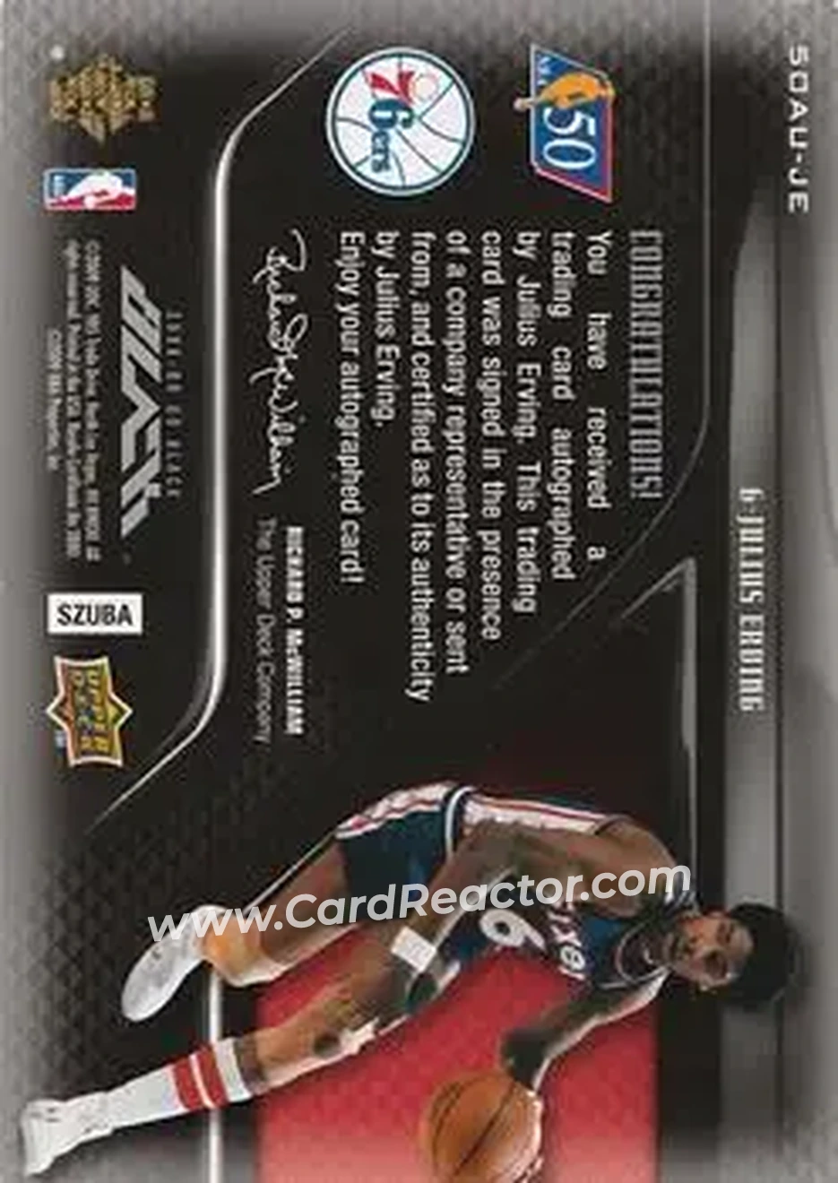2008-09 UD Black - 50 Greatest Autographs #50AU-JE - Julius Erving - Philadelphia 76ers - Back 2008-09 UD Black - 50 Greatest Autographs #50AU-JE - Julius Erving - Philadelphia 76ers - Back