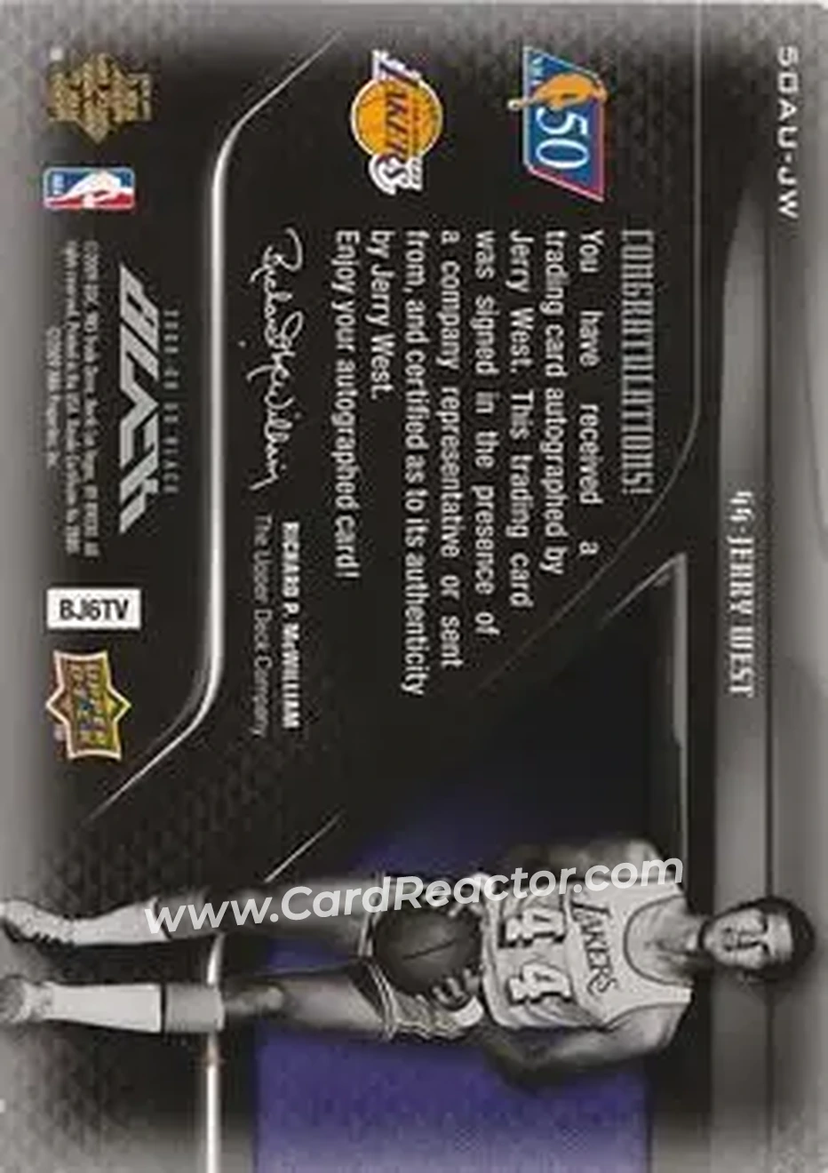 2008-09 UD Black - 50 Greatest Autographs #50AU-JW - Jerry West - Los Angeles Lakers - Back 2008-09 UD Black - 50 Greatest Autographs #50AU-JW - Jerry West - Los Angeles Lakers - Back