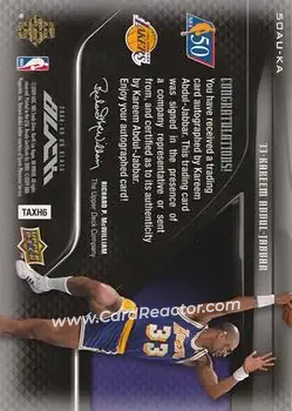 2008-09 UD Black - 50 Greatest Autographs #50AU-KA - Kareem Abdul-Jabbar - Los Angeles Lakers - Back