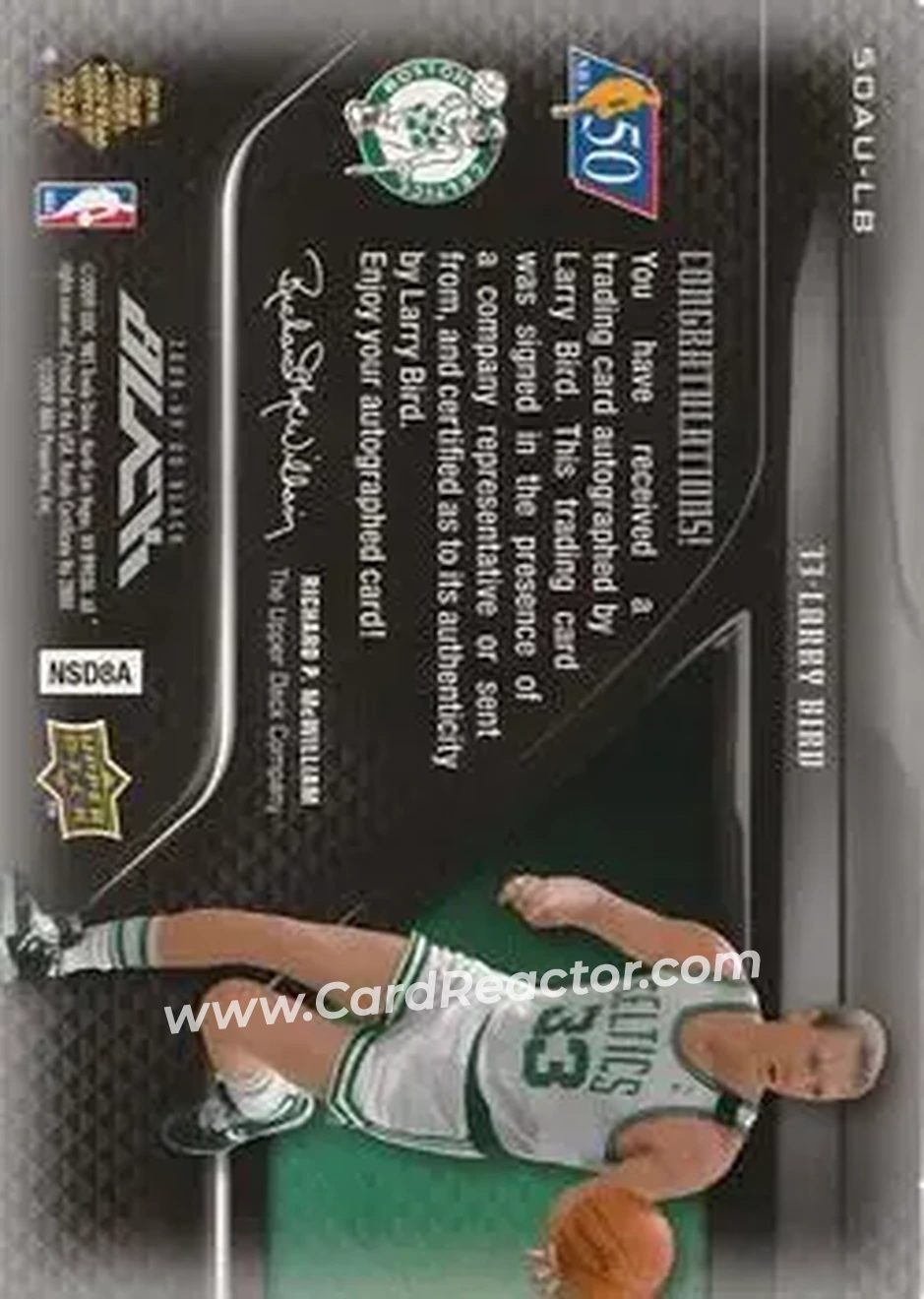 2008-09 UD Black - 50 Greatest Autographs #50AU-LB - Larry Bird - Boston Celtics - Back 2008-09 UD Black - 50 Greatest Autographs #50AU-LB - Larry Bird - Boston Celtics - Back