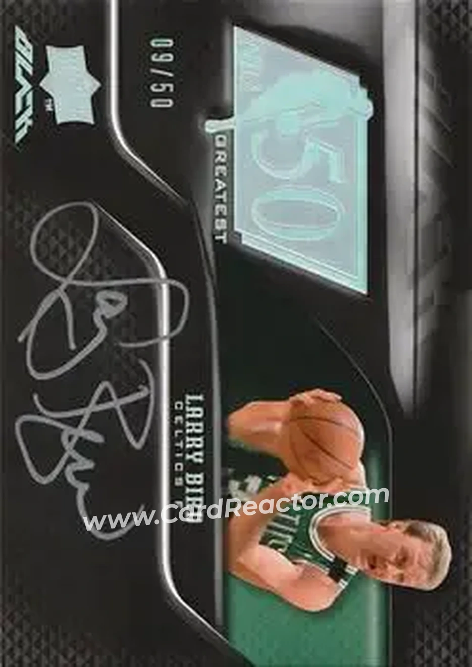 2008-09 UD Black - 50 Greatest Autographs #50AU-LB - Larry Bird - Boston Celtics - Front 2008-09 UD Black - 50 Greatest Autographs #50AU-LB - Larry Bird - Boston Celtics - Front