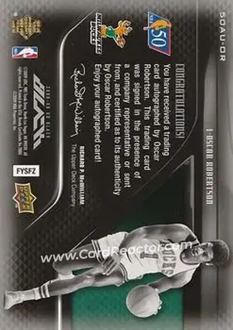 2008-09 UD Black - 50 Greatest Autographs #50AU-OR - Oscar Robertson - Milwaukee Bucks - Back