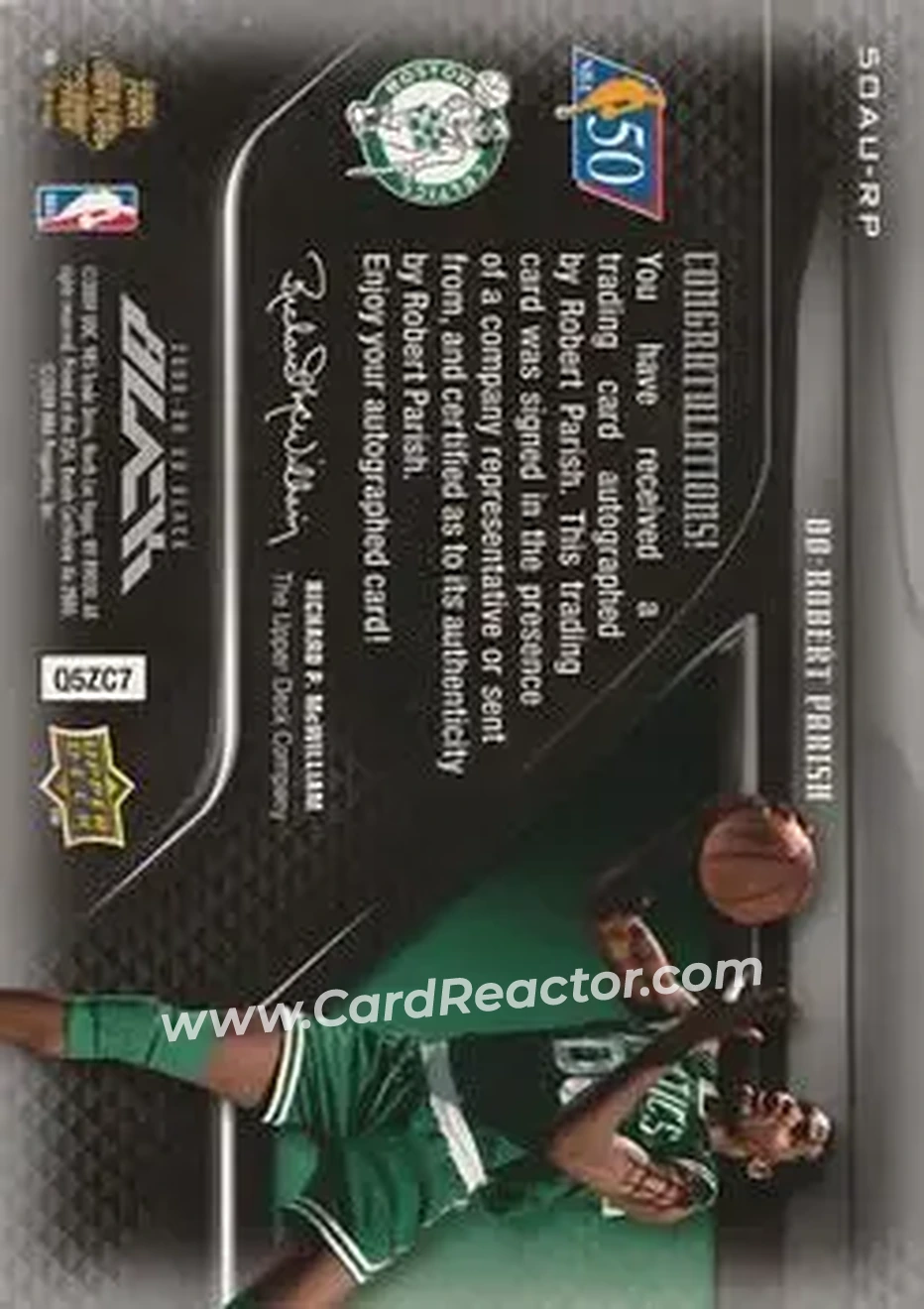 2008-09 UD Black - 50 Greatest Autographs #50AU-RP - Robert Parish - Boston Celtics - Back 2008-09 UD Black - 50 Greatest Autographs #50AU-RP - Robert Parish - Boston Celtics - Back