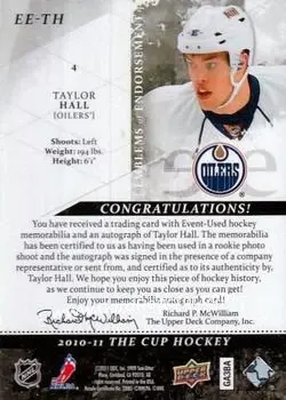 2010-11 Upper Deck The Cup - Emblems of Endorsement #EE-TH - Taylor Hall - Edmonton Oilers - Back 2010-11 Upper Deck The Cup - Emblems of Endorsement #EE-TH - Taylor Hall - Edmonton Oilers - Back