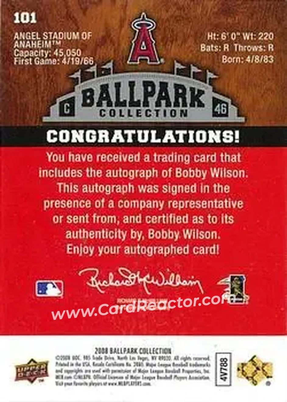 2008 Upper Deck Ballpark Collection #101 - Bobby Wilson - Los Angeles Angels - Back