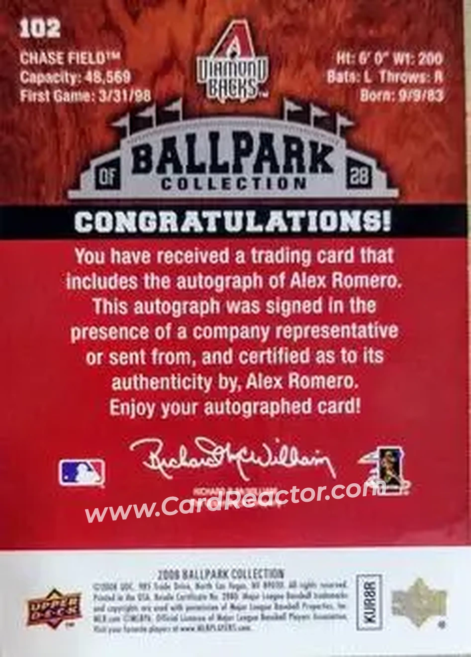 2008 Upper Deck Ballpark Collection #102 - Alex Romero - Arizona Diamondbacks - Back