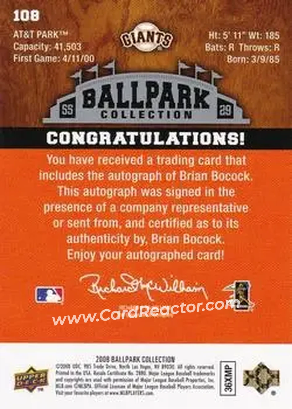 2008 Upper Deck Ballpark Collection #108 - Brian Bocock - San Francisco Giants - Back