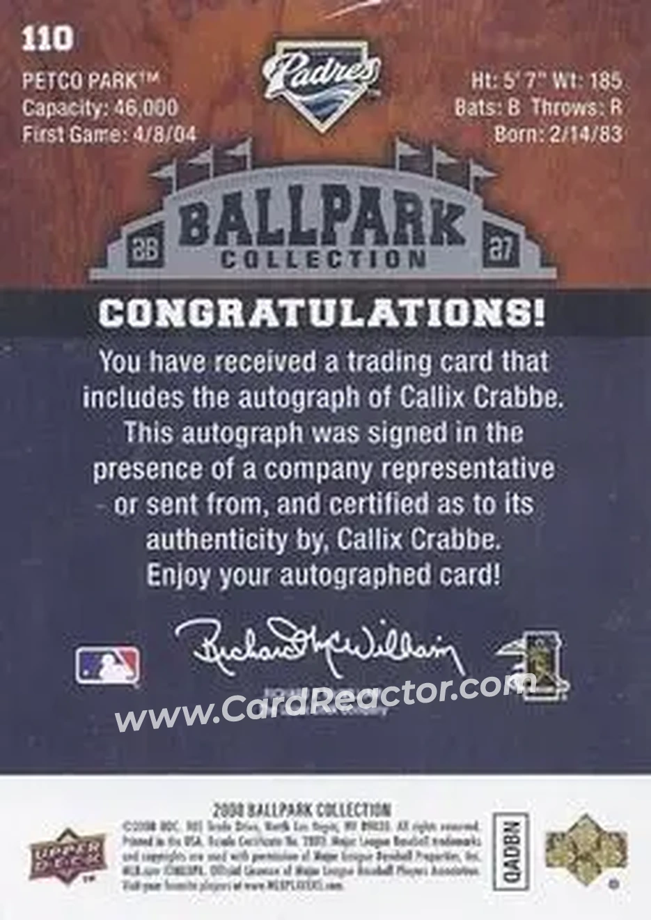 2008 Upper Deck Ballpark Collection #110 - Callix Crabbe - San Diego Padres - Back