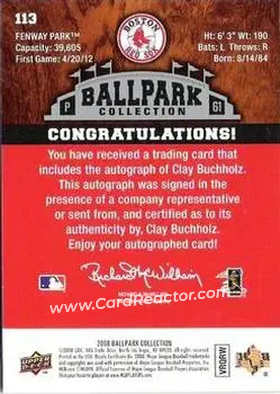 2008 Upper Deck Ballpark Collection #113 - Clay Buchholz - Boston Red Sox - Back 2008 Upper Deck Ballpark Collection #113 - Clay Buchholz - Boston Red Sox - Back