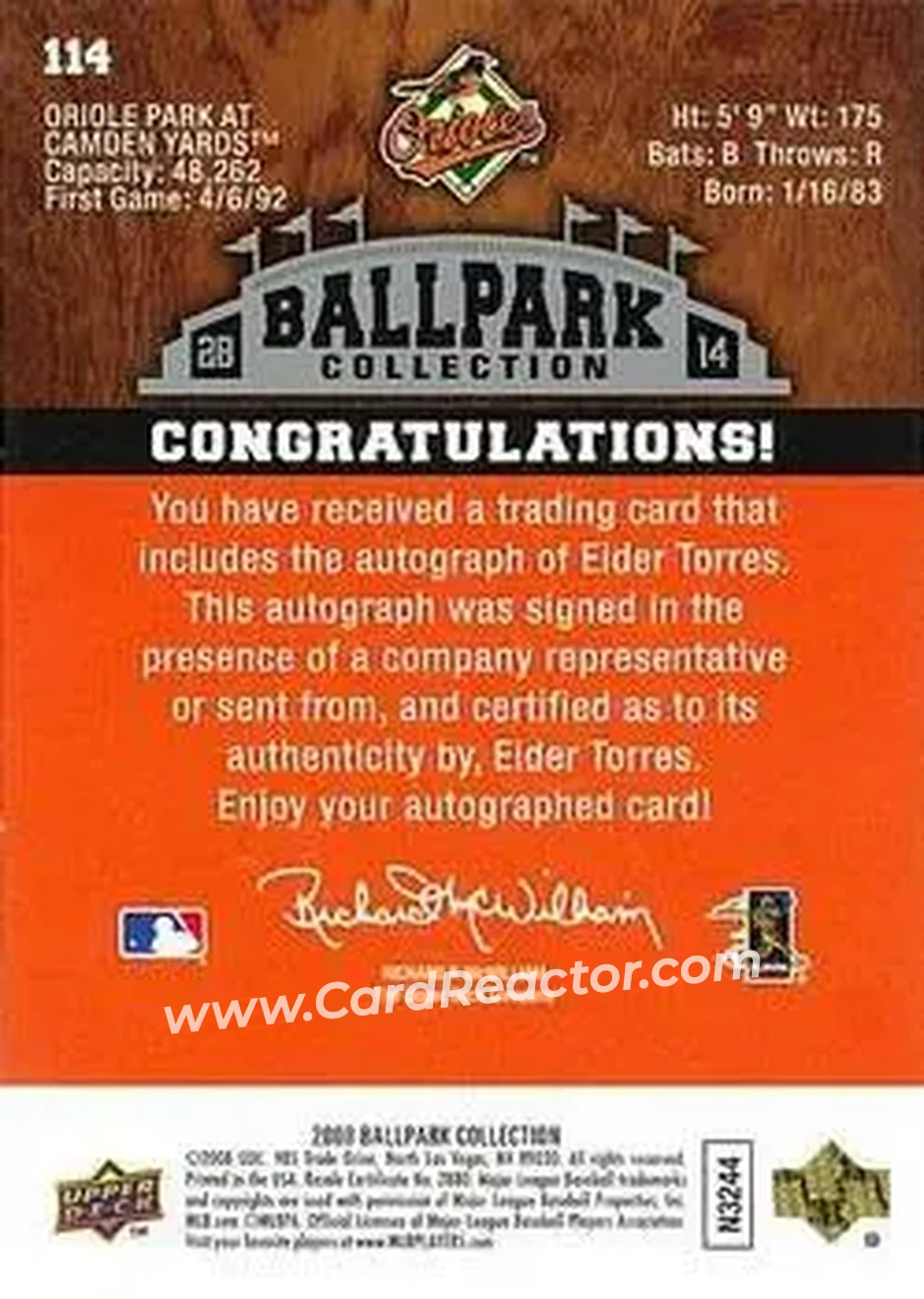 2008 Upper Deck Ballpark Collection #114 - Eider Torres - Baltimore Orioles - Back