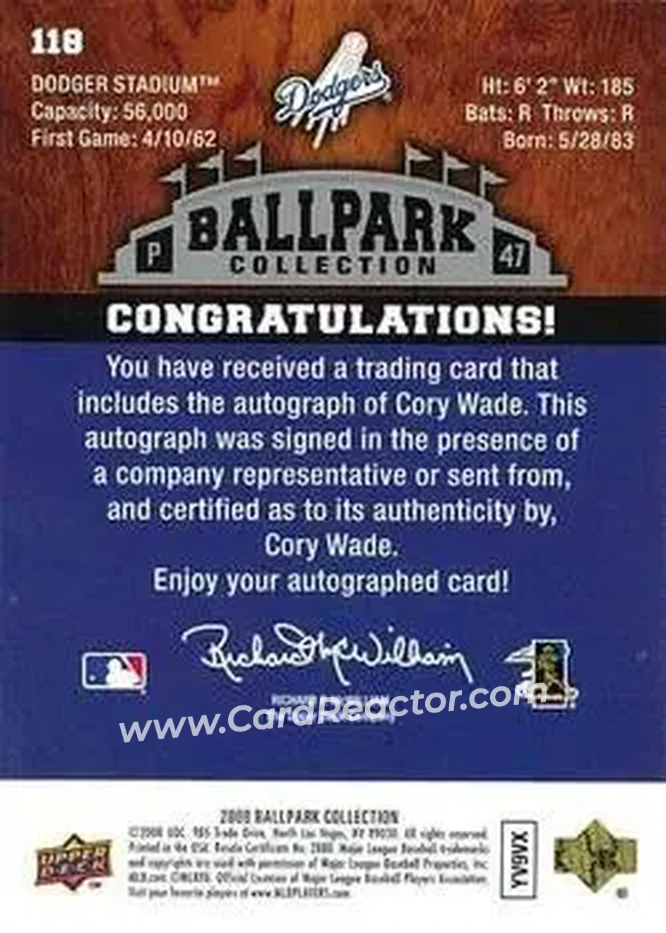 2008 Upper Deck Ballpark Collection #118 - Cory Wade - Los Angeles Dodgers - Back 2008 Upper Deck Ballpark Collection #118 - Cory Wade - Los Angeles Dodgers - Back