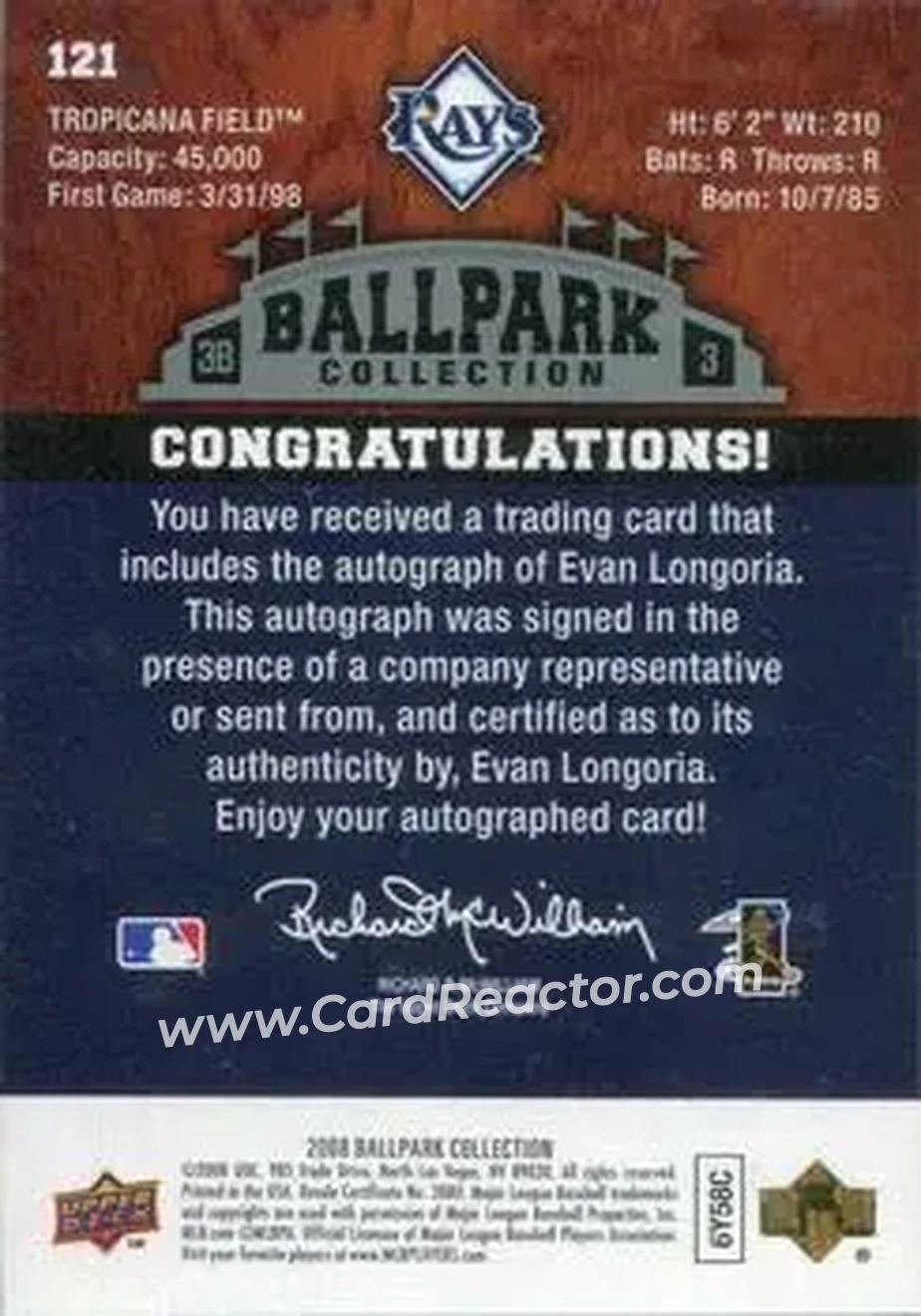 2008 Upper Deck Ballpark Collection #121 - Evan Longoria - Tampa Bay Rays - Back