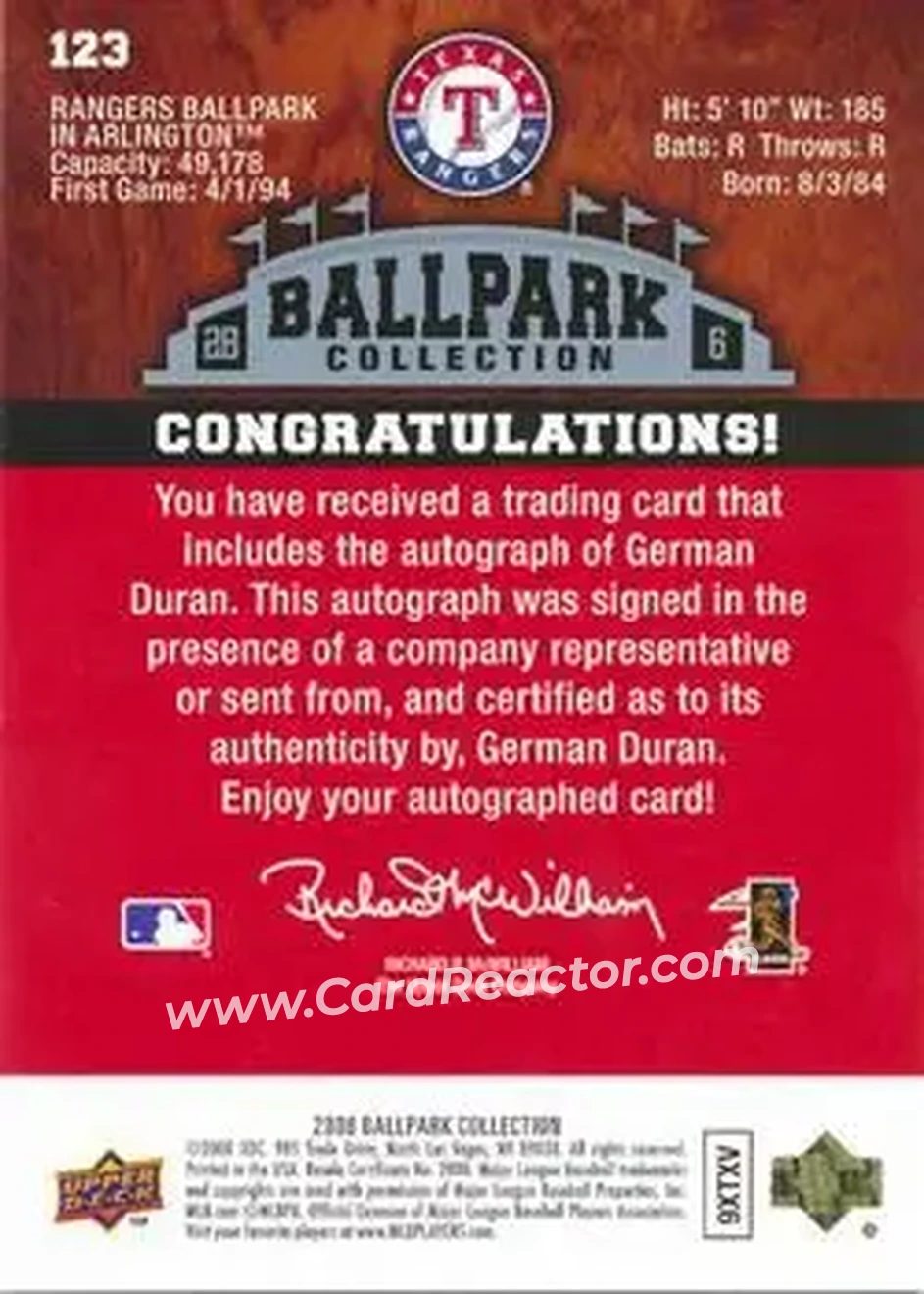 2008 Upper Deck Ballpark Collection #123 - German Duran - Texas Rangers - Back