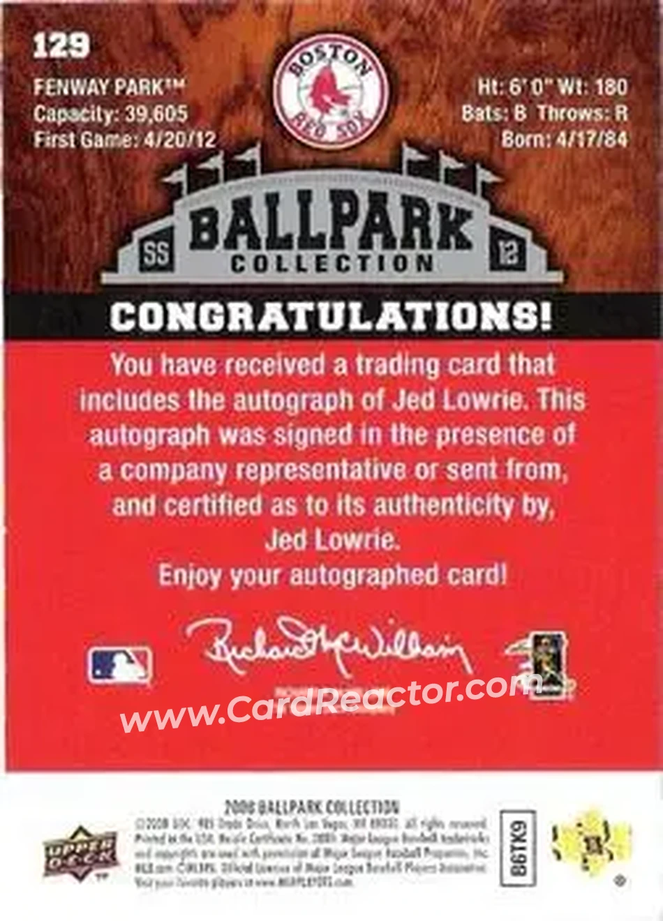 2008 Upper Deck Ballpark Collection #129 - Jed Lowrie - Boston Red Sox - Back 2008 Upper Deck Ballpark Collection #129 - Jed Lowrie - Boston Red Sox - Back