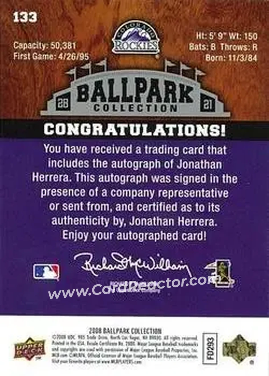 2008 Upper Deck Ballpark Collection #133 - Jonathan Herrera - Colorado Rockies - Back