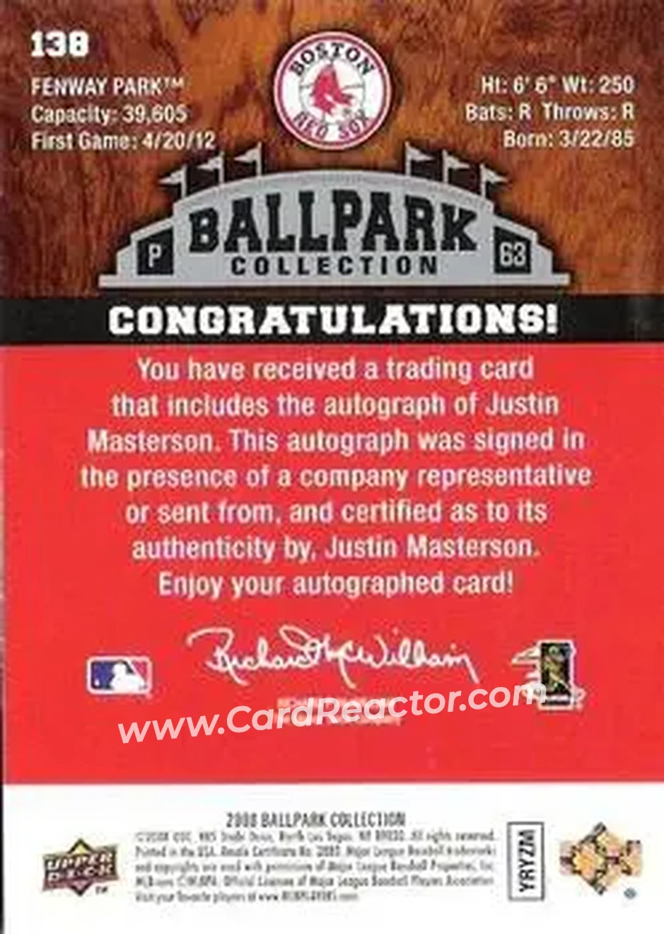 2008 Upper Deck Ballpark Collection #138 - Justin Masterson - Boston Red Sox - Back 2008 Upper Deck Ballpark Collection #138 - Justin Masterson - Boston Red Sox - Back