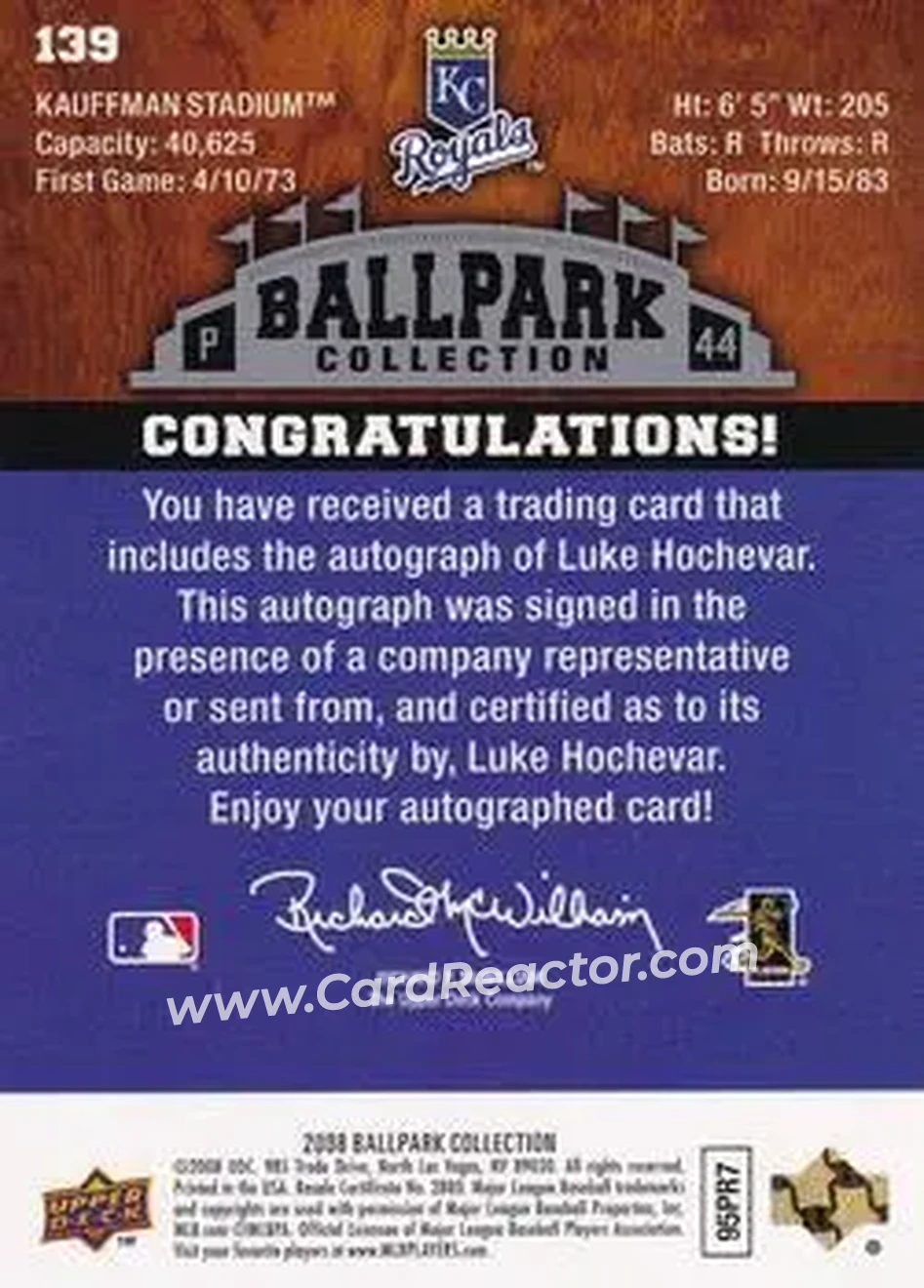 2008 Upper Deck Ballpark Collection #139 - Luke Hochevar - Kansas City Royals - Back
