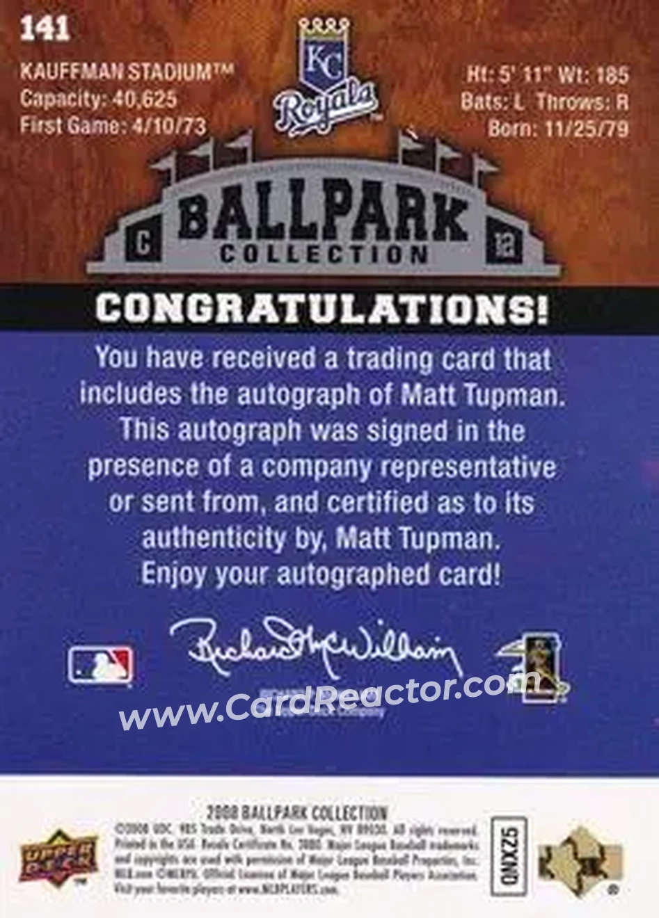 2008 Upper Deck Ballpark Collection #141 - Matt Tupman - Kansas City Royals - Back