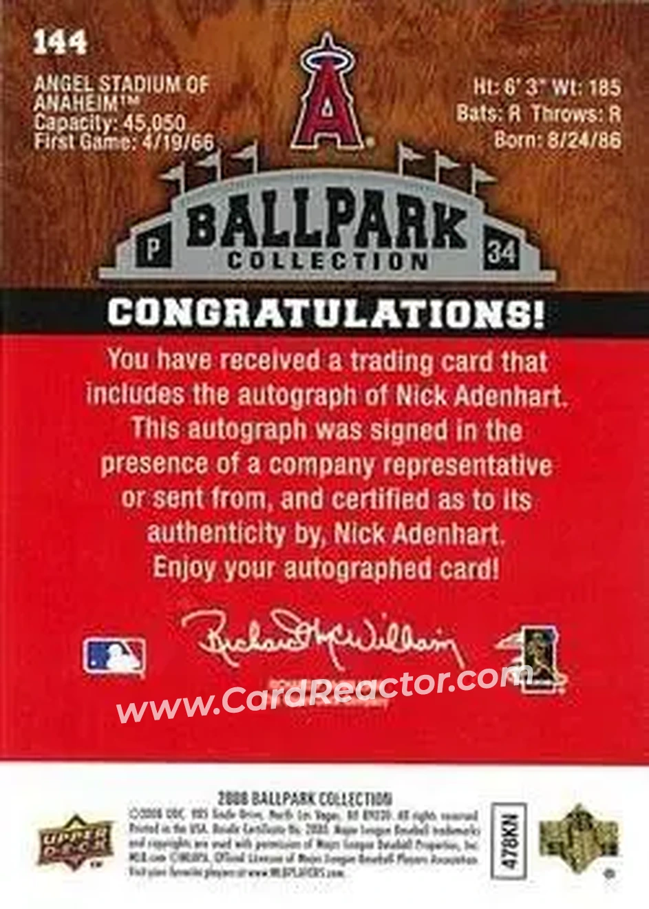 2008 Upper Deck Ballpark Collection #144 - Nick Adenhart - Los Angeles Angels - Back